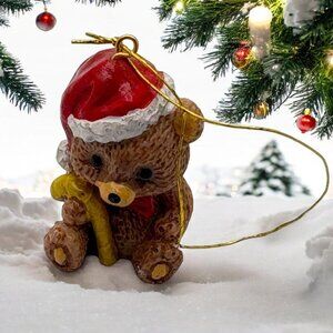 Vintage Santa Claus Teddy Bear Christmas Ornament Mini Holding Candy Cane